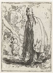 A beggar in a tall hat and long cloak, with a cottage and two figures in the background