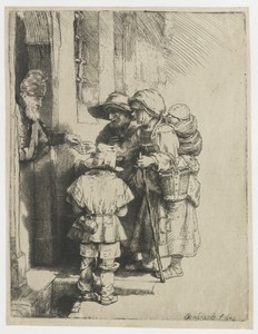 A blind hurdy-gurdy player and family receiving alms