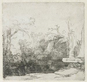 A brook with a grotto and a boat