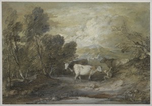 A Herdsman with Three Cows by an Upland Pool