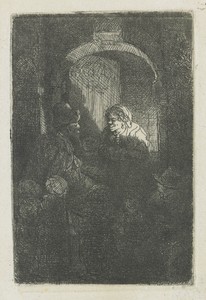 A hurdy-gurdy player followed by children at the door of a house