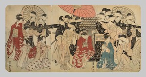 A princess traveling with her attendants descends from a palanquin
