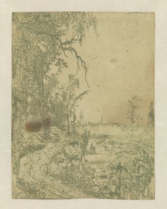 A Road Bordered by Trees, a City in the Background
