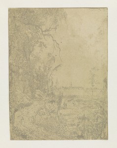 A Road Bordered by Trees, a City in the Background