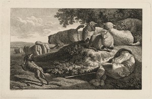 A Shepherd Sleeping while His Dog Guards His Flock