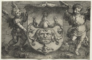 A Shield Bearing a Mask Supported by Two Genii