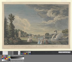 A View of the Palace from the North Side of the Lake, the Green House and the Temple of Arethusa, in the Royal Gardens at Kew