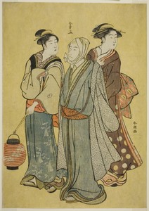 A Young Man Dressed as an Actor of the Ichikawa Family (by Shunsho), a Maid and a Geisha (by Shuncho)
