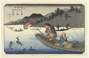 Aalscholvervissersboten op de Nagae rivier te Kawado