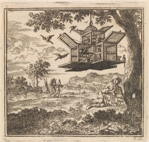 Aan een boom hangt een vogelkooi