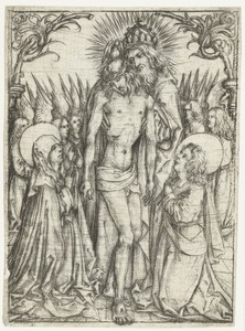 Aanbidding van de Heilige Drieëenheid door Maria, Johannes de Evangelist en engelen