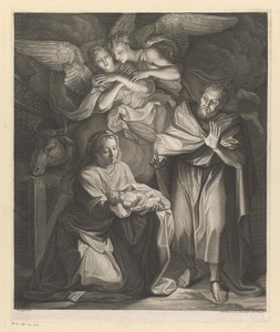 Aanbidding van het Christuskind door Maria, Jozef en de engelen