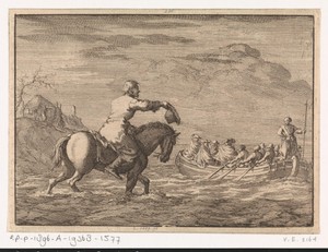 Aankomst van Willem III bij de Oranjepolder in een roeischuit, 1691