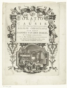 Aankondiging van oratie bij aanvaarding van het hoogleraarschap aan de universiteit te Delft door Johannes van den Bosch te 1733 en kerkinterieur in lijst versierd met ornamenten