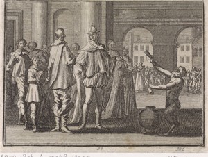 Aap reikt koning Akbar opgerolde documenten aan