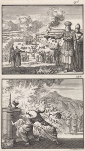 Aäron als hogepriester / Nadab en Abihu bij het altaar gedood