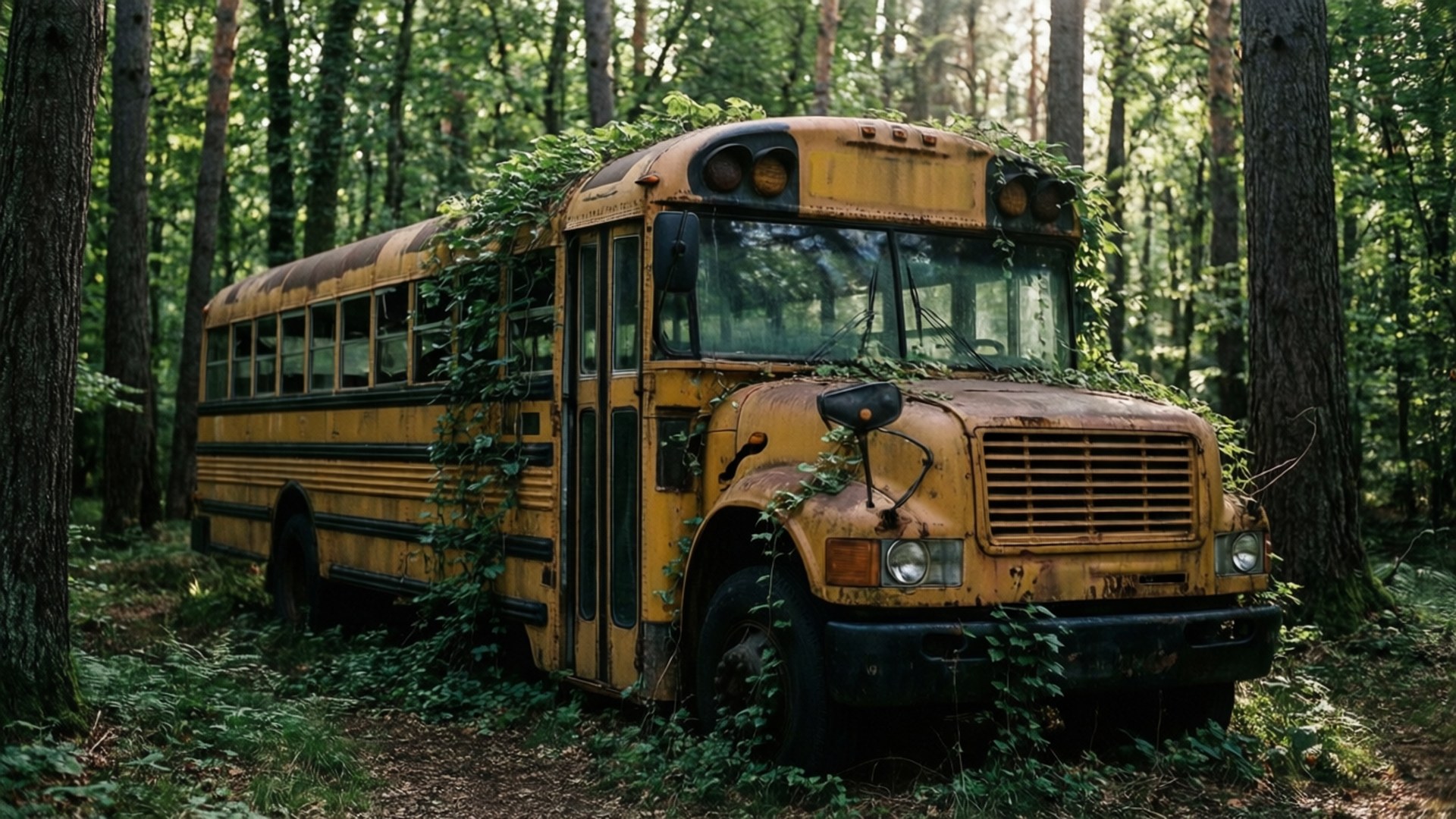 Abandoned Forest Bus by Wallpapers.art Studio