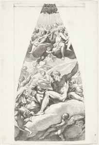 Abraham en Isaak met heiligen gezeten op een wolk