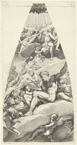 Abraham en Isaak met heiligen gezeten op een wolk