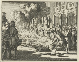 Acht dopers op de Dam voor het stadhuis op de brandstapel verbrand, 1549