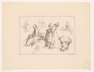 Acht figuren met in het midden een oude vrouw met wandelstok