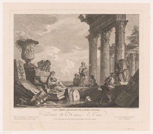 Acht mannen en vrouwen rustend tussen ruïnes