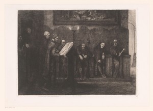 Acht mannen rond een lessenaar