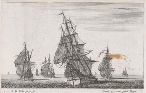 Acht zeilschepen op zee, van achteren gezien