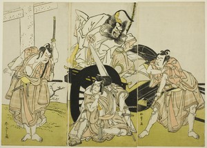 Actors Nakajima Mihoemon II as Fujiwara no Shihei, Ichikawa Ebizô III as Matsuo-maru, Ichikawa Yaozô II as Sakura-maru, and Ichimura Uzaemon IX as Umeo-maru in “Sugawara’s Secrets of Calligraphy” (“Sugawara denju tenarai kagami”)