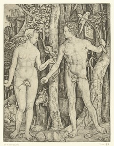 Adam en Eva bij boom van kennis van goed en kwaad in paradijs tijdens zondeval