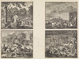 Adam en Eva in het paradijs / Abel door Kaïn doodgeslagen / Noach laadt alle dieren in de ark / De Zondvloed
