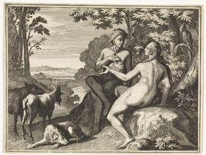 Adam en Eva omringd door de dieren in het paradijs