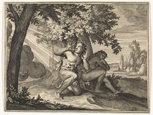 Adam en Eva verbergen zich voor God