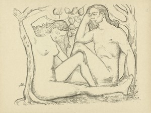 Adam en Eva zittend bij boom