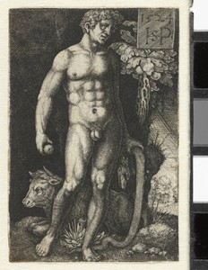 Adam met slang en appel en liggende stier