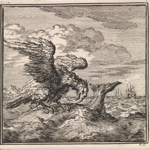 Adelaar heeft zijn klauwen in de rug van een grote vis geslagen