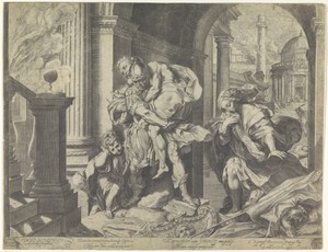 Aeneas vlucht met zijn familie uit Troje