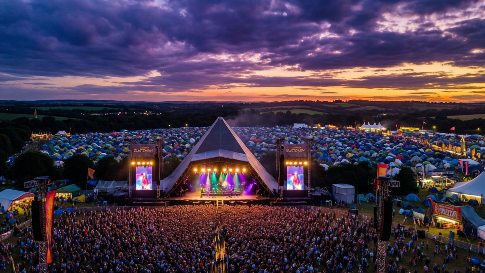 Aerial Glastonbury Dusk Panorama by Wallpapers.art Studio