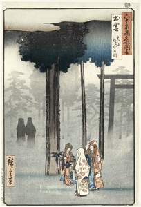 Afbeelding van de Hotohoto ceremonie bij het Oyashiro heiligdom in de provincie Izumi.