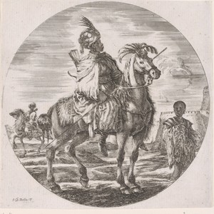 Afrikaanse man met tulband en speer te paard, rechts een tot slaaf gemaakte jongen