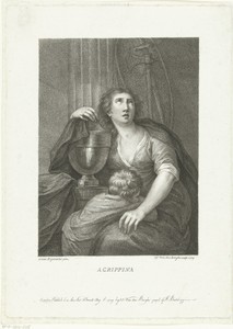 Agrippina de Oudere zit bij urn met as van haar echtgenoot generaal Germanicus en treurend kind
