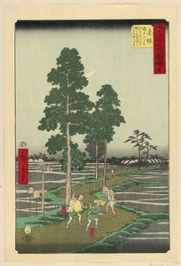 Akasaka: On the Nawate Road, Yajirobei Takes Kitahachi for a Fox and Beats Him (Akasaka, Nawatemichi ni te Yajirobei Kitahachi o kitsune to omohite chochaku suru) from the Series 53 Stations of the Tokaido