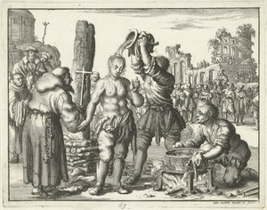 Algerius, een student te Padua, voor de brandstapel met kokende olie overgoten, 1557