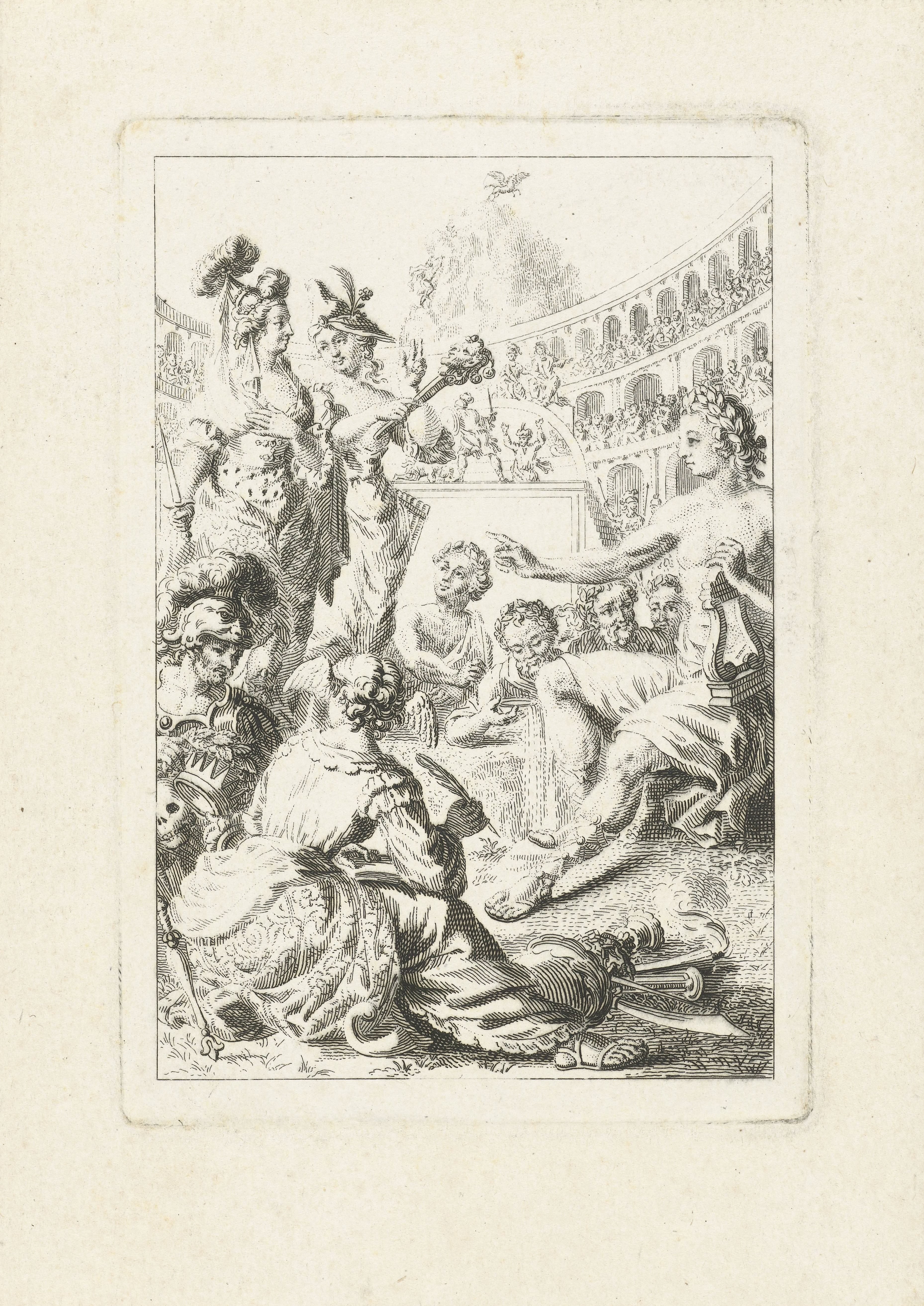 Allegorie met Apollo, muzen en kunstenaars in amfitheater by Abraham Delfos