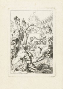 Allegorie met Apollo, muzen en kunstenaars in amfitheater
