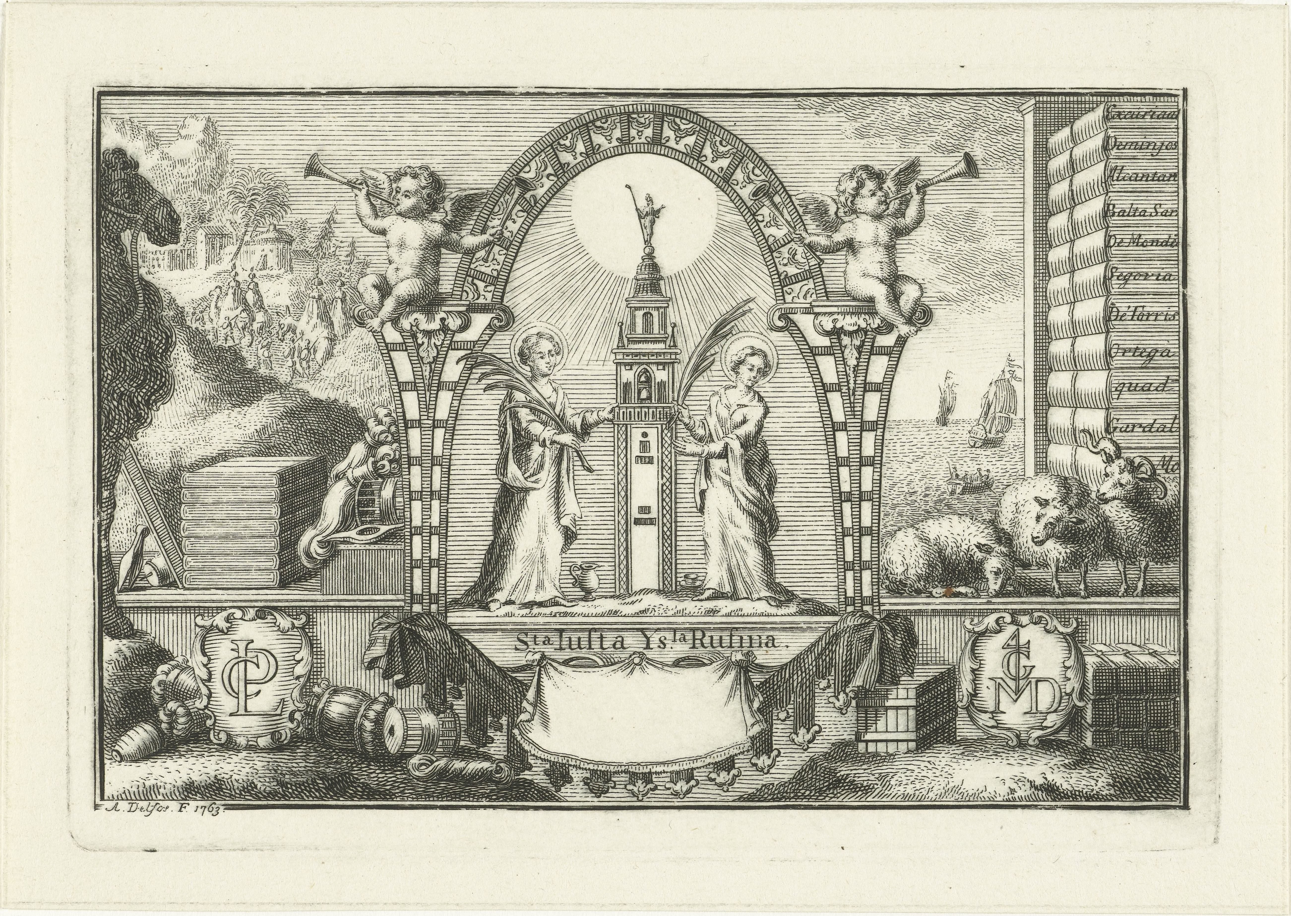 Allegorie met Justa en Rufina en voorwerpen uit de wolhandel by Abraham Delfos