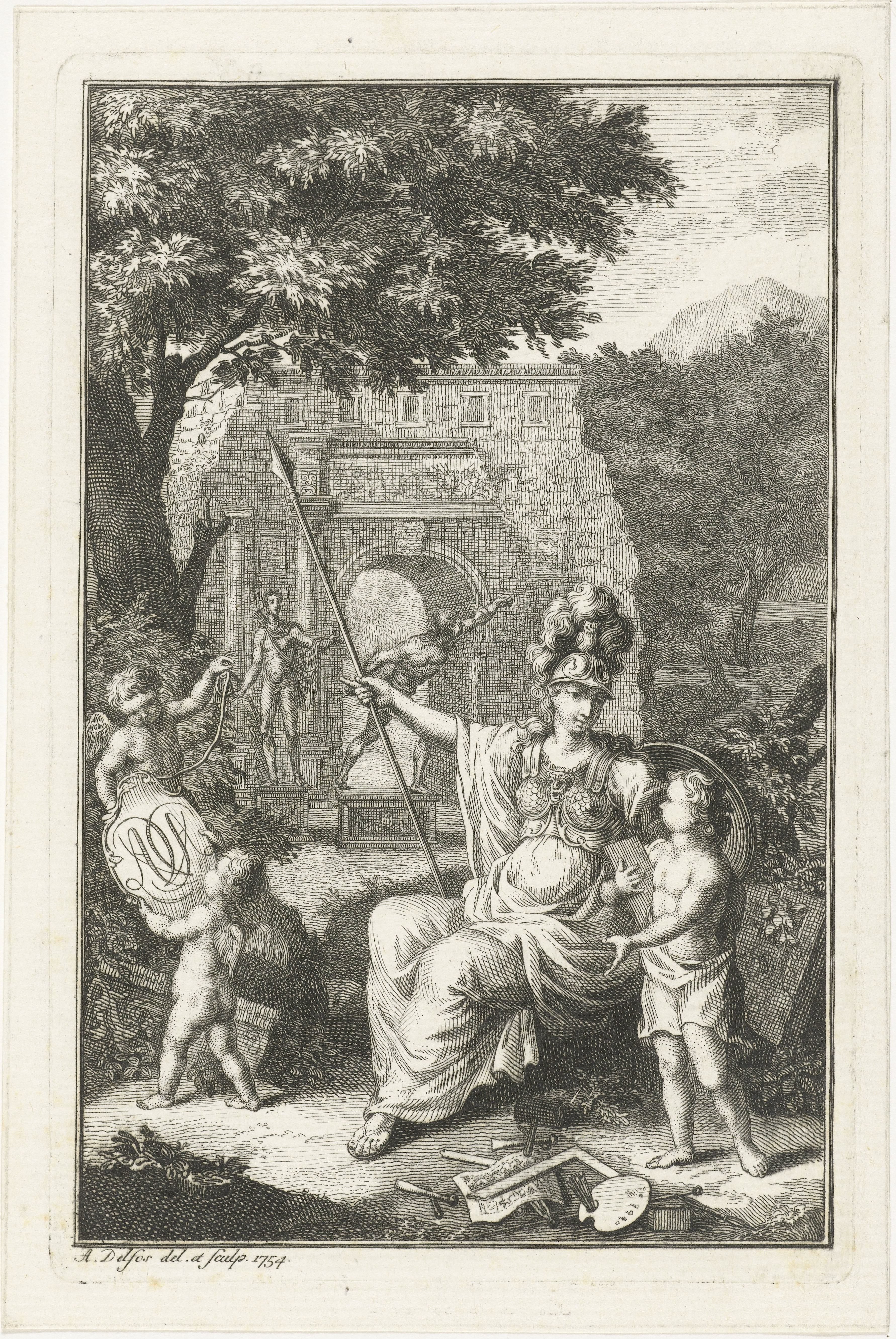 Allegorie met Minerva als patrones van de kunsten by Abraham Delfos