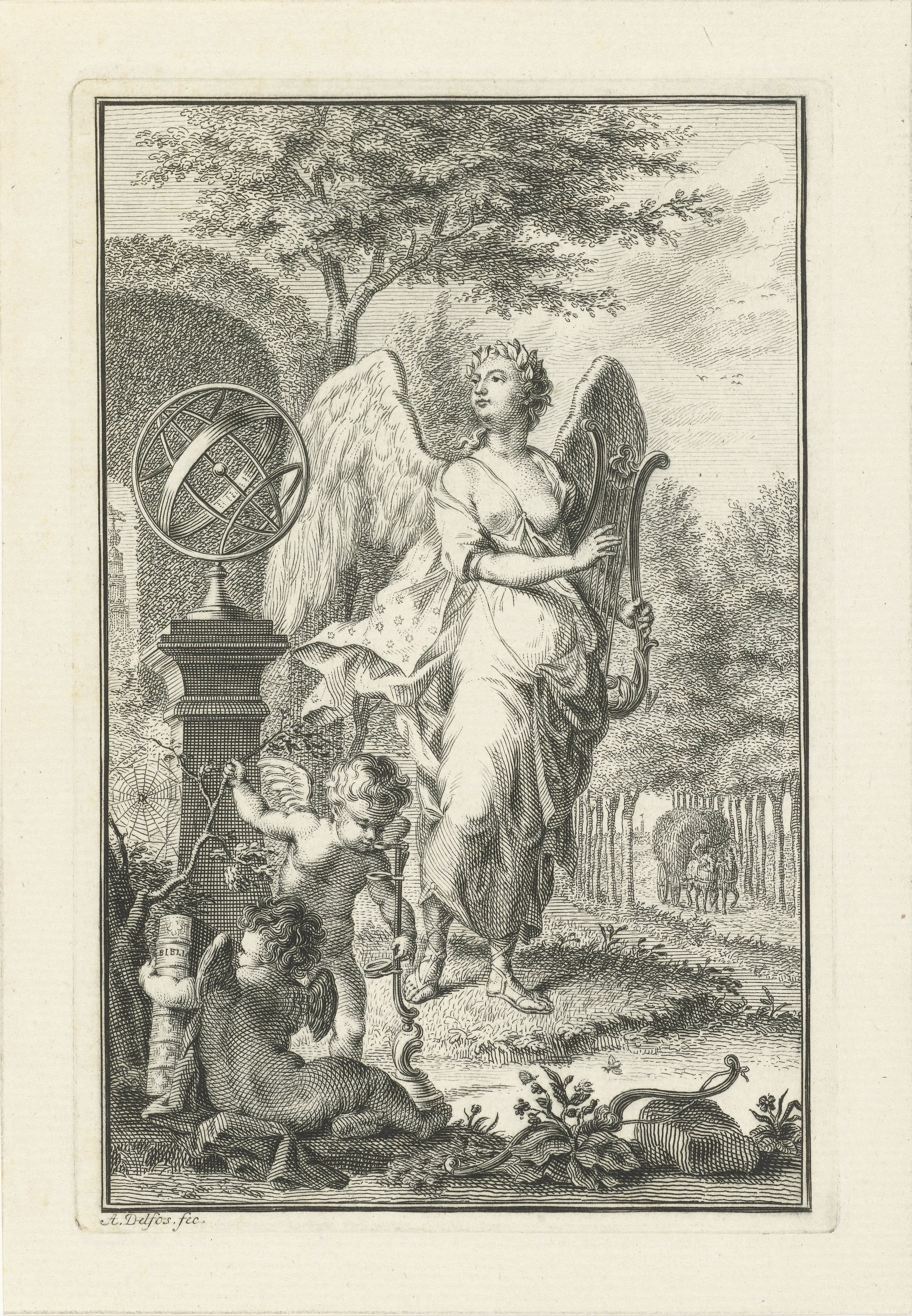 Allegorie met muze met lier, mogelijk Terpsichore, en putto met bijbel by Abraham Delfos
