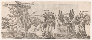 Allegorie met strijd van Tirannie, Woeker en Hypocrisie tegen Verstand, Gerechtigheid en het Woord Gods