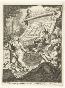 Allegorie met vrouwelijke personificaties en engelen met afbeelding van de tempel van Jeruzalem